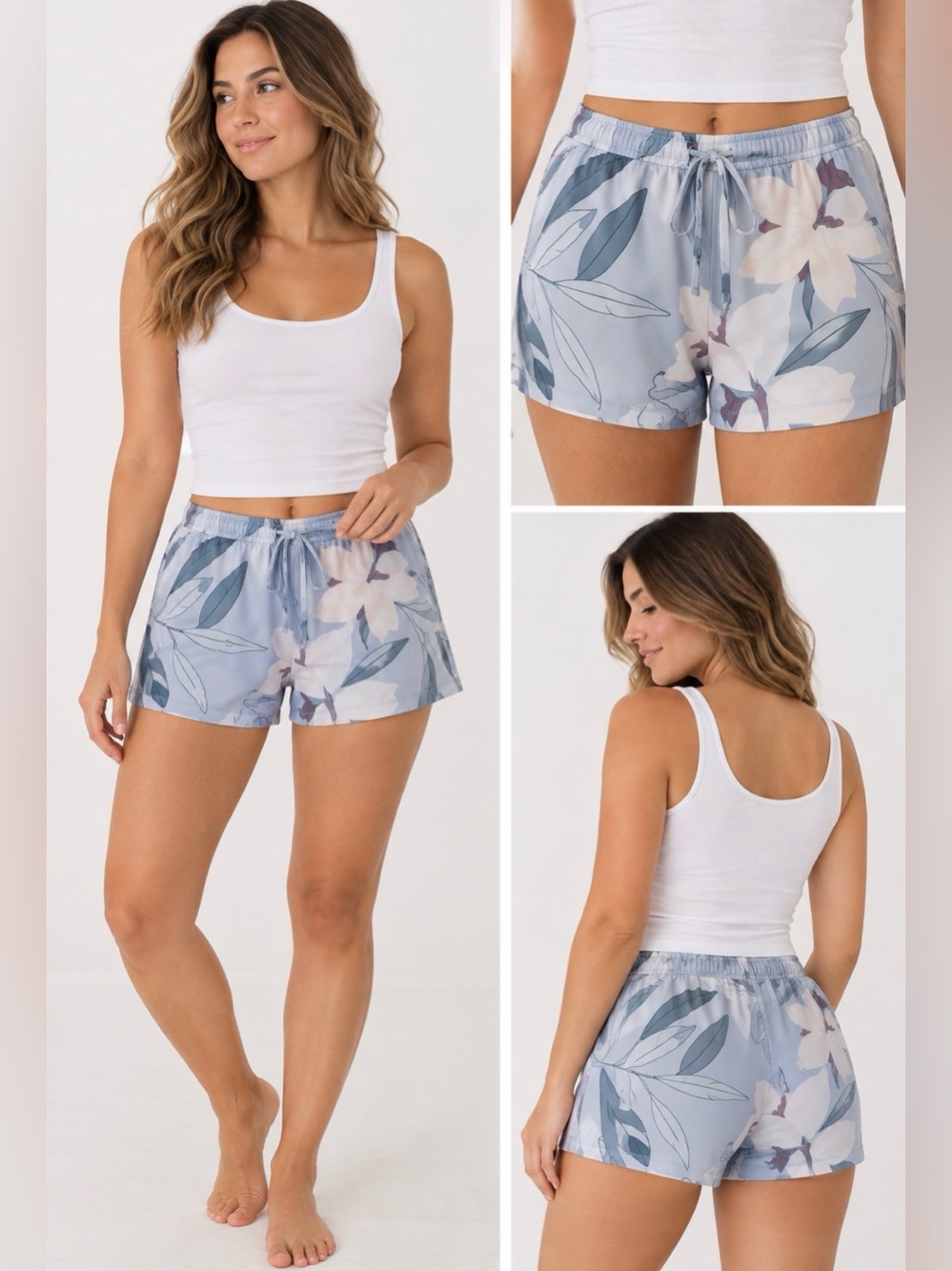 La Vie en Rose Floral Pajama Shorts Blue Ruffle Sleepwear US L